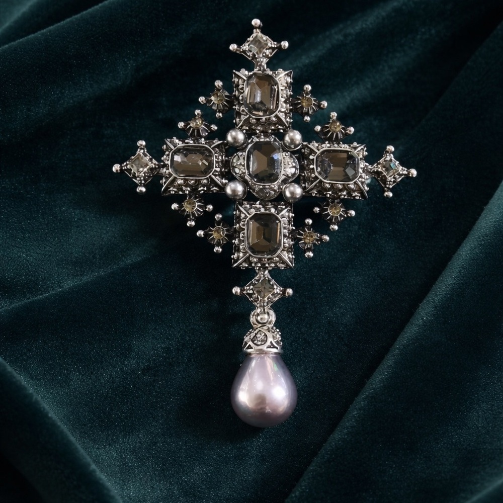 Vintage Inspired Baroque Cross Brooch w/ Pearl Drop | Rhinestone Statement Pin